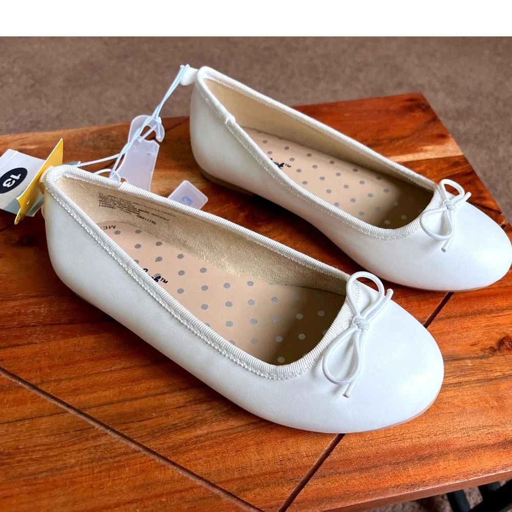 Cat & Jack Diana Kids White Ballet Flats Memory Foam Bow Shoes Size 13 NEW